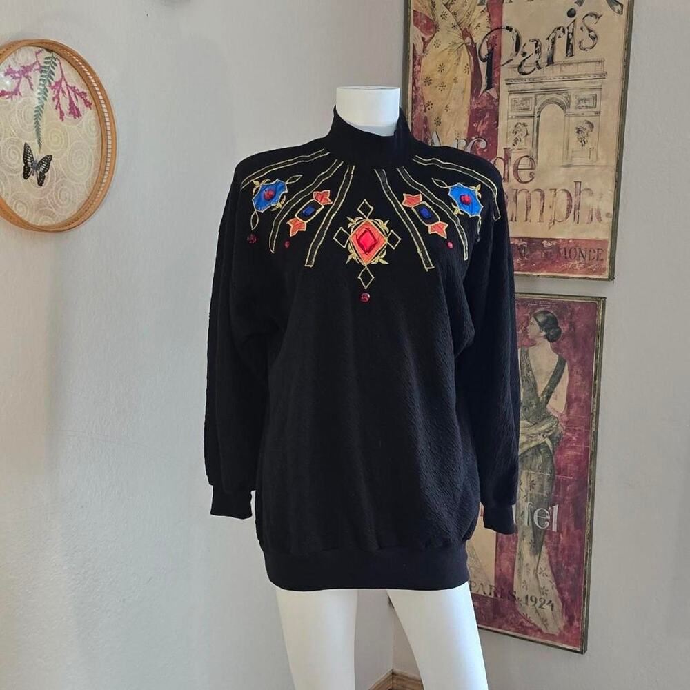 Vintage 90s/90s Kitsch Embroidered Bejeweled Crewneck Batwing Turtleneck Sweater